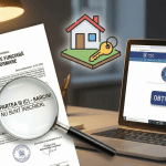 Document tipărit Extras de Carte Funciară pentru Informare analizat cu o lupă care evidențiază lipsa sarcinilor, lângă un laptop deschis pe platforma online ANCPI.