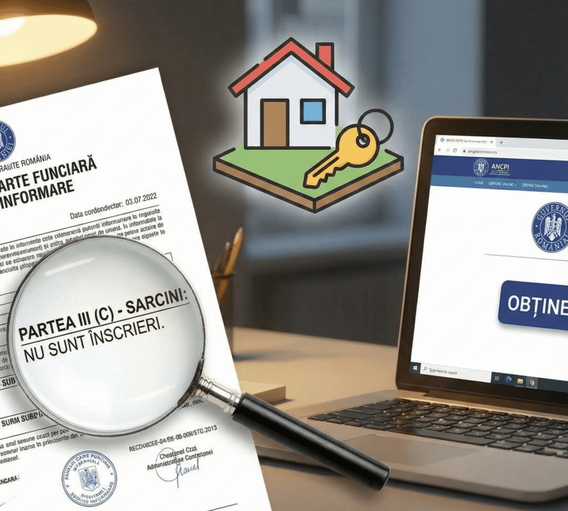 Document tipărit Extras de Carte Funciară pentru Informare analizat cu o lupă care evidențiază lipsa sarcinilor, lângă un laptop deschis pe platforma online ANCPI.