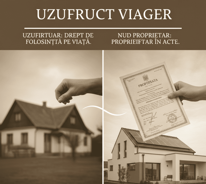 Ilustrație explicativă despre uzufruct viager reprezentând transferul dreptului de folosință asupra unei locuințe