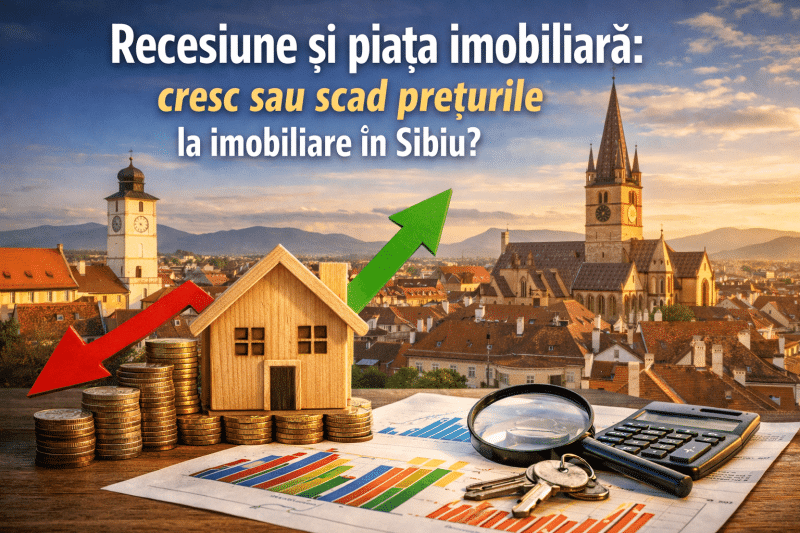 recesiune piața imobiliară Sibiu ilustrată prin casă pe monede și grafice economice